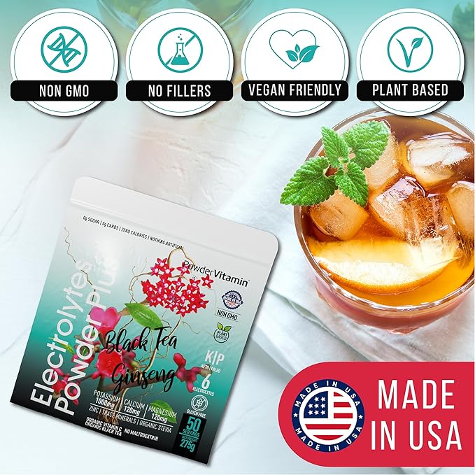 Electrolytes Powder Plus (50 Servings) Black Tea Ginseng Electrolyte Powder Keto, Sugar Free, Pink Himalayan Salt,1000mg Potassium,120mg Calcium,120mg Magnesium, Hydration Powder