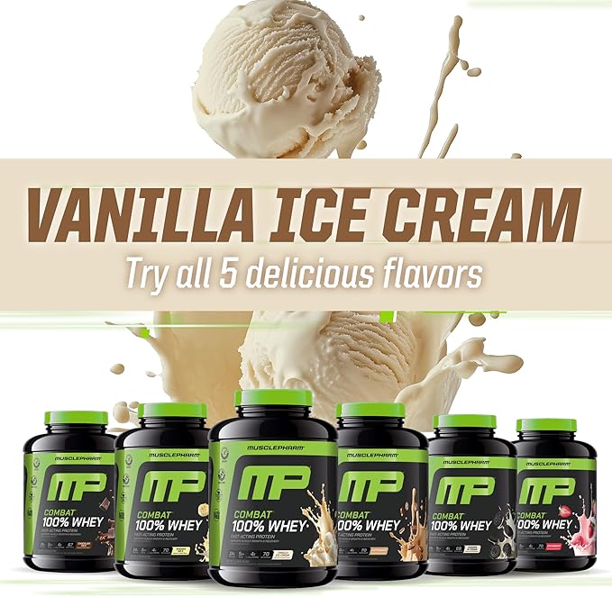 MusclePharm Combat 100% Whey Protein Powder, Vanilla Flavor, Fast Recovery & Muscle Gain with Whey Protein Isolate, High Protein Powder for Women & Men, Gluten Free, 5 lb, 70 Servings