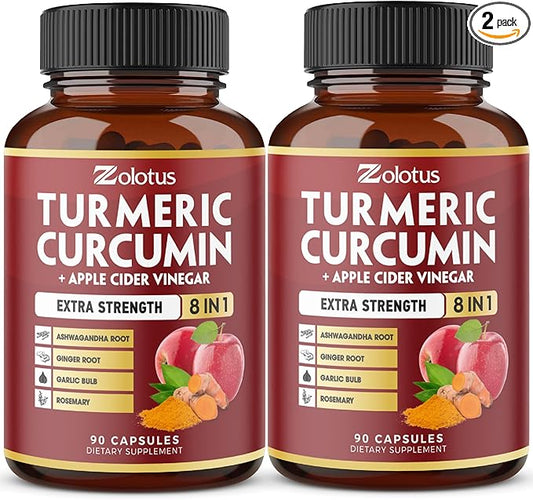 2packs 90 Capsules Turmeric Curcumin + Apple Cinder Vinegar Capsules, 6 Month Supply with Ashwagandha, Ginger, 95% Standardized Curcuminoids, Joint & Absorption Support