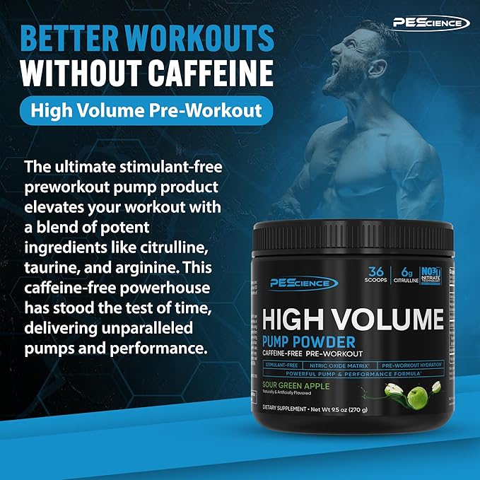 PEScience High Volume Stim-Free Pre Workout, Nitric Oxide Booster with L Citrulline & L Arginine Nitrate, Non-Stim Preworkout for Men and Women, 36 Scoops, Sour Green Apple