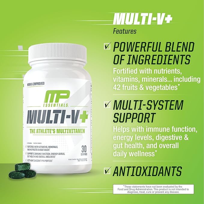 Muscle Pharm Essentials Multi-V+, The Athlete's Multi-Vitamin, Enhanced Energy, Performance & Immune Health, Daily Multivitamin for Men & Women with Minerals Plus Probiotics, 90 Tablets, 30 Servings