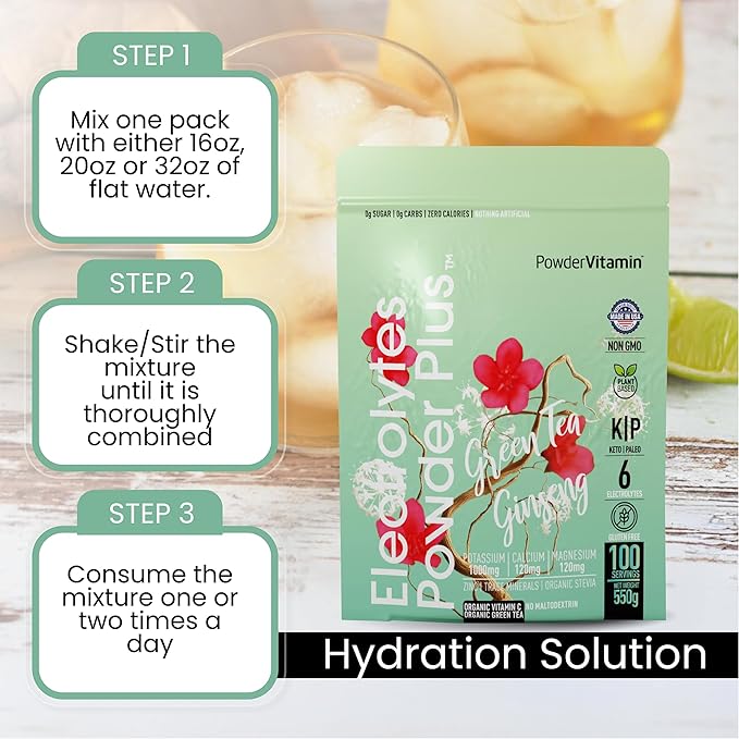 Electrolytes Powder Plus (100 Servings) Green Tea Ginseng Electrolyte Powder Keto, Sugar Free, Pink Himalayan Salt,1000mg Potassium,120mg Calcium,120mg Magnesium, Hydration Powder