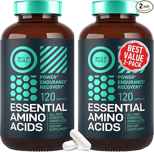 WILD FUEL Essential Amino Acids Supplement for Women and Men - All 9 BCAAs Amino Acid Complex for Power and Recovery - EAA Lysine, Tryptophan, Isoleucine - 2 Pack 240 Vegan BCAA Capsules