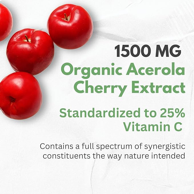 Natural Vitamin C from Organic Acerola Cherry - High Absorption - with Garlic Ginger & Citrus Bioflavonoids - Immune System & Collagen Booster - Anti Aging Skin Vitamins