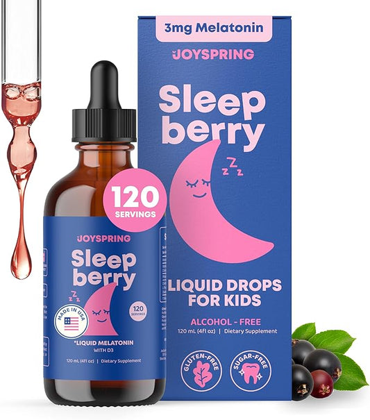 JoySpring SleepBerry - Kids Melatonin Liquid - 3MG Melatonin with D3 and Elderberry - Sugar-Free Liquid for Kids & Teens – Gentle Natural Sleep Support Formula (4 fl oz)