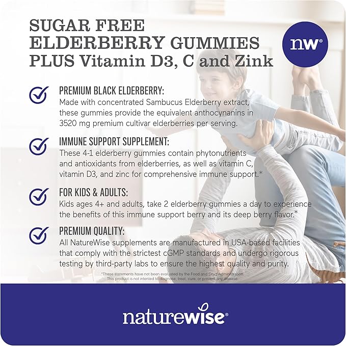 NatureWise Sambucus Elderberry Gummies - Sugar-Free - Daily Immune Support Supplement for Kids and Adults*, with Vitamin C, D3, Zinc - Vegan, Gluten Free, Non-GMO - 90 Count[45-Day Supply]