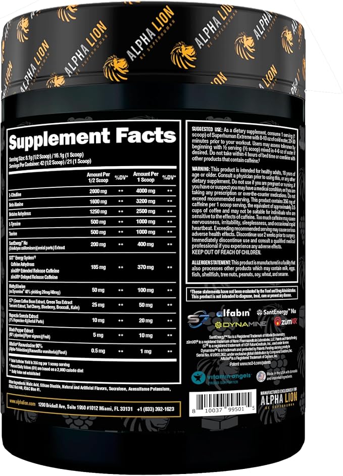 ALPHA LION Superhuman Extreme, Extreme Energy Pre-Workout Formula, Intense, Sustained Energy and Focus, Elevated Nitric Oxide, Maximum Pumps & Nutrient Delivery (21 Servings, Slaughtermelon)