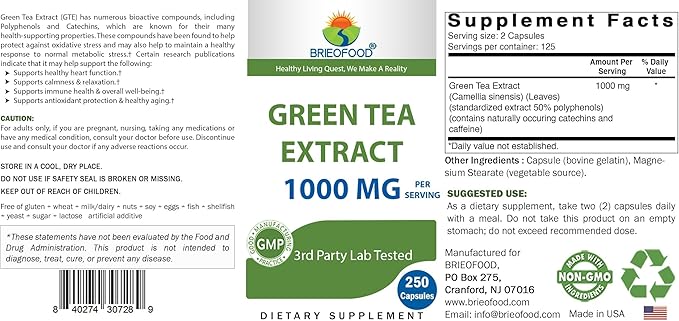 Brieofood Green Tea Extract 1000 mg per Serving (Min 50% Polyphenols) - 250 Capsules - 3rd Party Lab Tested for Purity & Quality