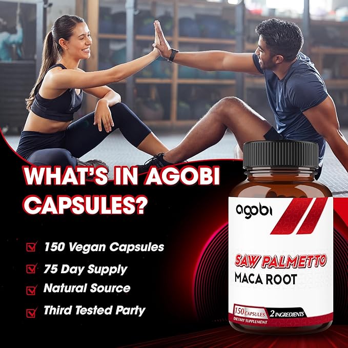 agobi Saw Palmetto Supplement with Maca Root - High Extract Support for Hair Health, Restful Mood, Immune System & Energy Production - 150 Veggie Capsules