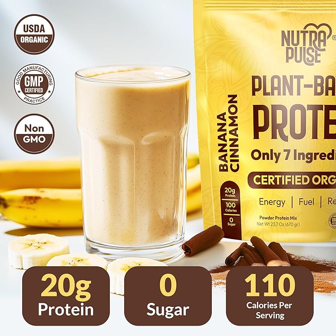 Banana Cinnamon Vegan Protein Powder – 20g Plant-Based Protein – Organic, Non-GMO, Gluten-Free, Soy-Free – Ideal for Smoothies, Shakes, Baking – 1 Pack (20 Servings)