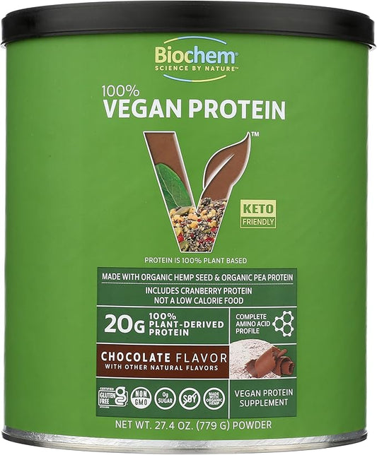 Biochem 100% Vegan Protein, Natural Amino Acids, Gluten Free, Keto, Non Whey, Pea & Hemp Protein Powder for Women and Men, 24 Servings 2 LB (Chocolate)