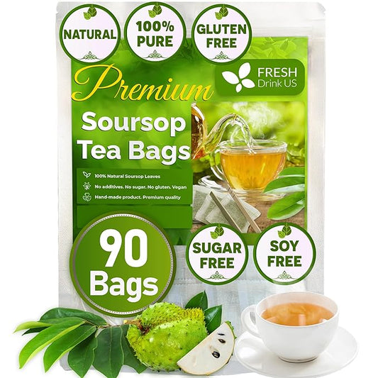 FreshDrinkUS, Premium 90 Soursop Graviola Leaf Tea Bags, 100% Natural and Pure from Soursop Leaves, Handmade, Made With Natural Materials-Corn Fiber Tea Bag, Sugar/ Caffeine/ Gluten Free, Hoja Guanabana Tea