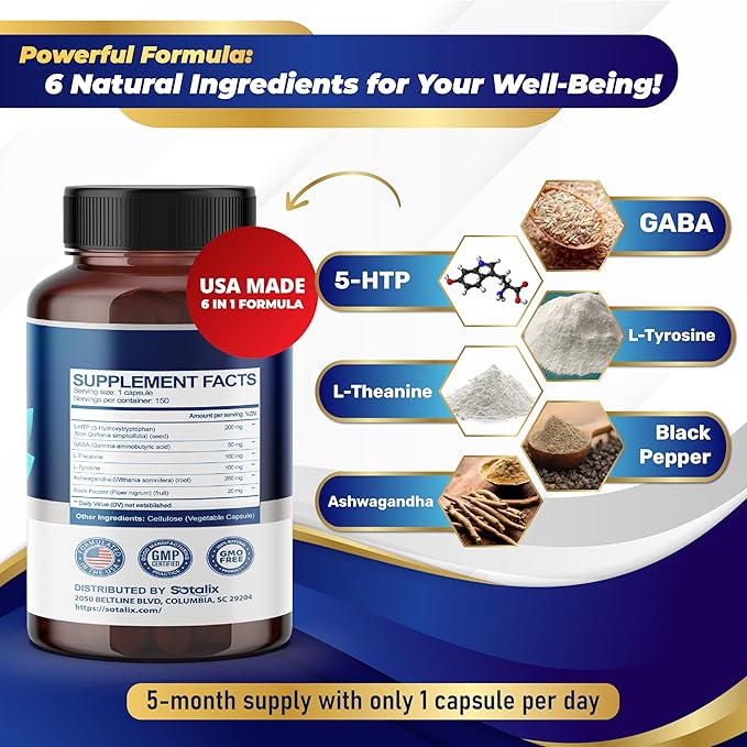 5-HTP + GABA with L-Theanine + L-Tyrosine - Mood & Focus, Memory & Energy, Restful Sleep Support - USA Made & Tested (150-day Supply (Pack of 1))