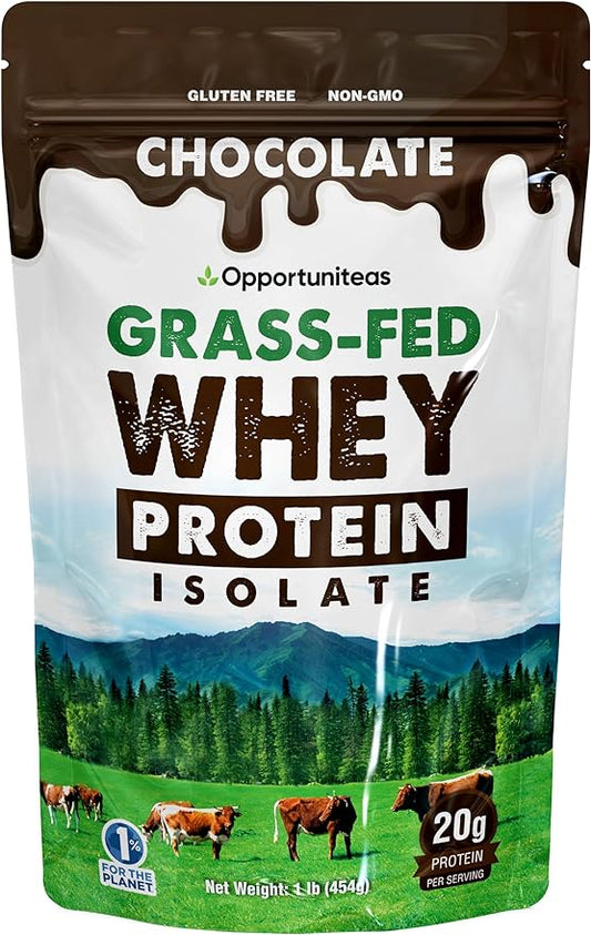 Opportuniteas Grass Fed Chocolate Whey Protein Isolate Powder - 20g Protein Powder Without Artificial Sweeteners, Hormone-Free Happy Cows, Non GMO - 1lb