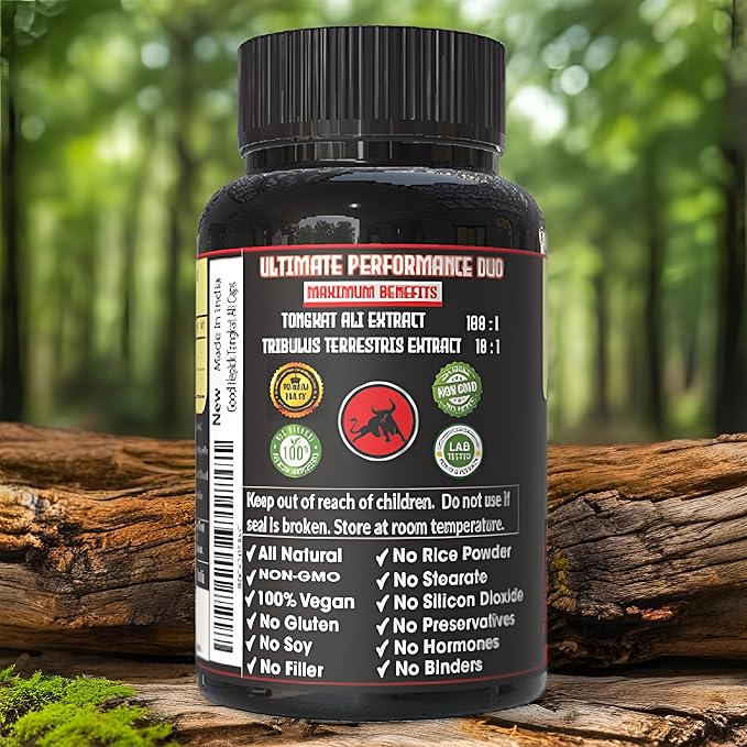 Extra Strength Tongkat Ali with Tribulus Terrestris. Powerful (100:1) Longjack/Tongkat Ali Extract. 120 Veg Capsules Tongkat Ali for Men.All Natural, Non-GMO,Vegan, No Stearate, No Rice Powder