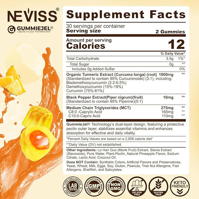 Turmeric Gummies 1000mg w/MCT Oil C8 C10, Organic Antioxidant, Sugar Free Turmeric Curcumin Supplement + Black Pepper Extract Support Flexible & Comfort, Digestion, Energy, Ultra Absorption, 60 Counts