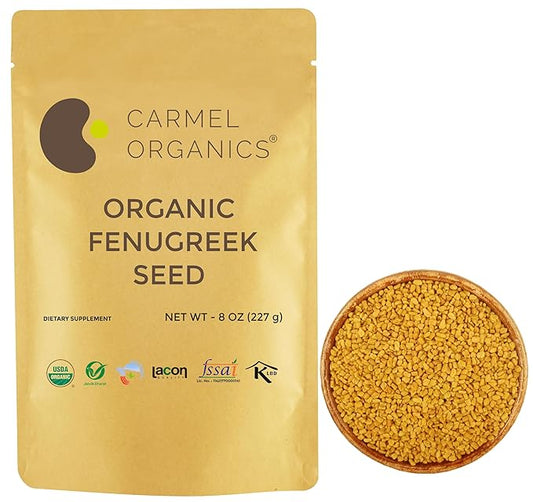 CARMEL ORGANICS Fenugreek |Methi Seeds (Whole, 8 Ounce or 0.5 Lbs)(Pack of 1) | USDA Certified Organic | Non-Gmo | No Added Preservatives | Indian Origin Fenugreek Seeds