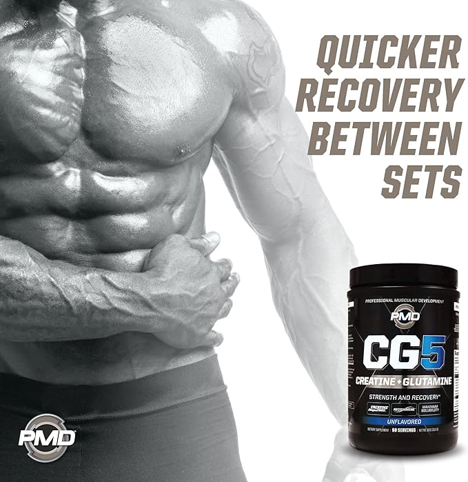 PMD Sports CG5 Premium Creatine & L Glutamine Powder, Power Recovery, Build Lean Muscle, Increase Workout Performance, Maximum Strength Pre Workout & Post Workout, Unflavored, 60 Servings