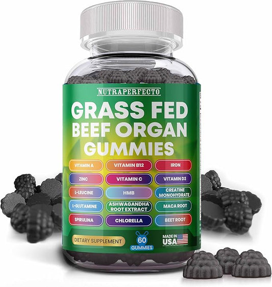 Sugar Free Grass-Fed Beef Organ Supplement Gummies with HMB, Leucine, Vitamin A, B12, C, D3 Supports Muscle Growth, Cognitive Function, Energy, Detoxification Desiccated, Pasture Raised, Grain Free