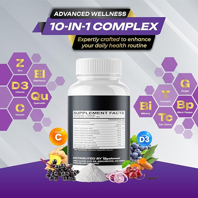 Elderberry Quercetin Bilberry Turmeric Tart Cherry Ginger Vitamin C Vitamin D3 Zinc Black Pepper -150 Capsules- Made in USA