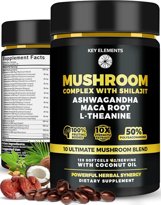 Organic Mushroom Complex with Shilajit & Coconut Oil - Lion’s Mane Mushroom Supplement with Ashwagandha and L-Theanine - Mushroom Nootropic for Memory, Focus & Immune Mushroom Capsules Softgels