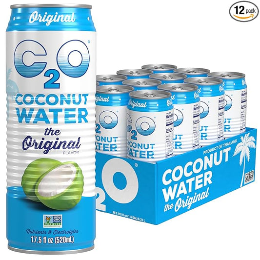 C2O - Coconut Water, The Original Flavor (12 Pack) - Made with Fresh Coconut Water, Plant Based - Non GMO Canned Water - Natural Hydration, Essential Electrolytes, & Potassium - 12 Cans, 17.5 FL OZ