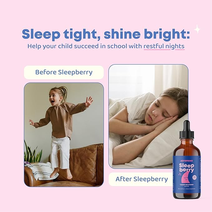 JoySpring SleepBerry - Kids Melatonin Liquid - 3MG Melatonin with D3 and Elderberry - Sugar-Free Liquid for Kids & Teens – Gentle Natural Sleep Support Formula (4 fl oz)