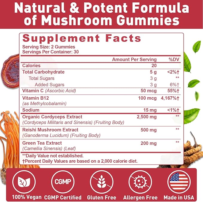 Mushroom Gummies, Cordyceps Reishi Mushroom Supplement Gummies for Adults with Green Tea Extract, Brain Supplements for Memory and Focus, Energy, Athletic Performance*, Rest - 60 Count