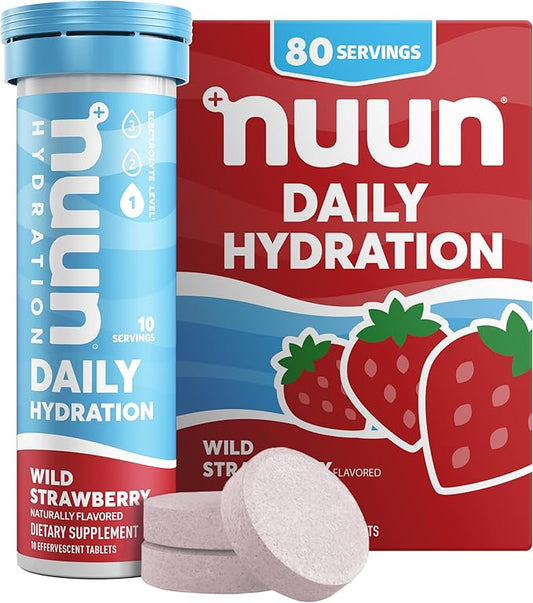 Nuun Daily Electrolyte Tablets with Magnesium, Calcium, Potassium, Chloride & Sodium, Gluten Free, Sugar Free, & Vegan, Wild Strawberry Flavor, 8 Pack (80 Servings Total)