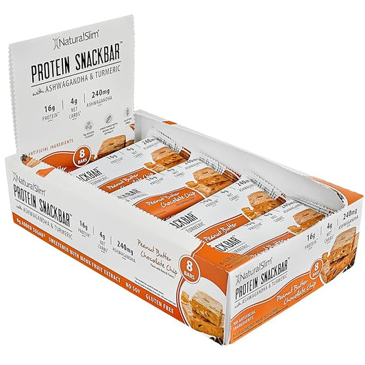 NaturalSlim Protein bars with Ashwagandha & Turmeric - High Protein Snacks Sweetened with Monkfruit & Stevia - Low in Carbohydrates & Low Calorie Snacks - Peanut Butter Chocolate Chip 8 bars/Box