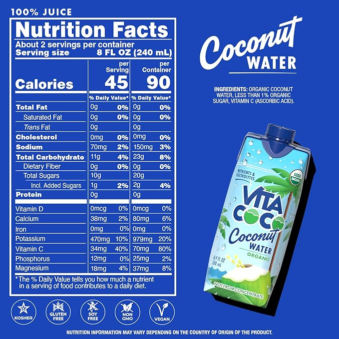 Vita Coco Coconut Water, Pure Organic | Refreshing Coconut Taste | Natural Electrolytes | Vital Nutrients | 16.9 Oz (Pack Of 12)