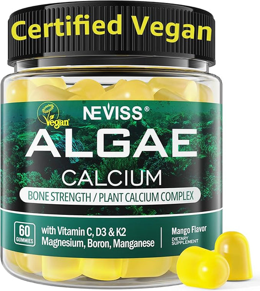Calcium Gummies for Women, Sugar Free Calcium Supplement (Made in USA) with Vitamin D3 K2, C, Zinc, Boron, Sustainable Algae (3rd Party Tested) for Bone Strength, Calcium Absoption, Vegan, 60 Counts
