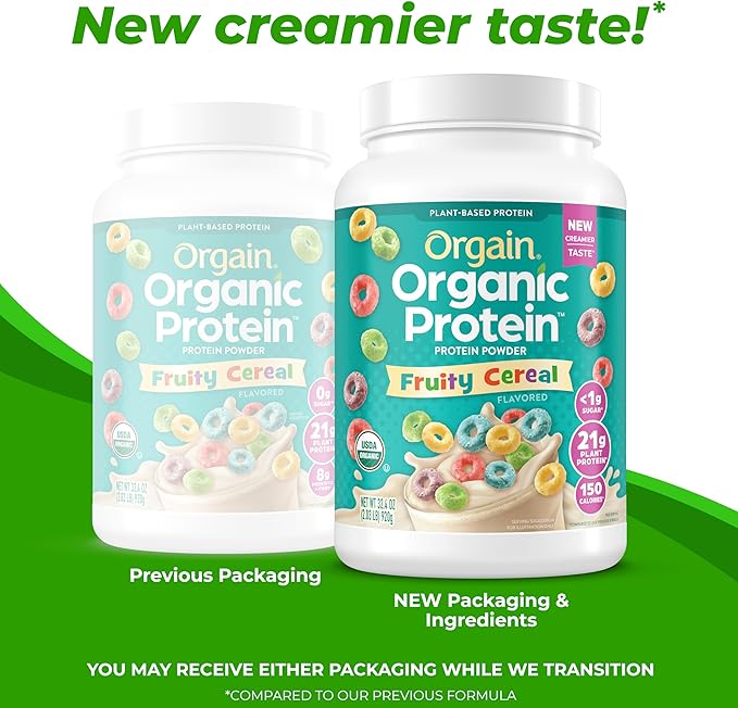 Orgain Organic Vegan Protein Powder, Fruity Cereal - 21g Plant Based Protein, Gluten Free, Dairy Free, Lactose Free, Soy Free, No Sugar Added, Kosher, For Smoothies & Shakes - 2.03 lb