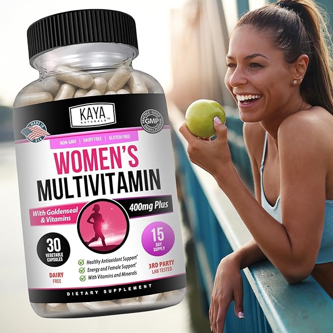 Kaya Naturals Women's Multivitamin, Overall Healthy Antioxidant, and Immune Support, Vitamins A, D, C, E, Biotin, Folic Acid, & Multi-Mineral, Energy & Metabolism Vitamin Supplement 30 Count