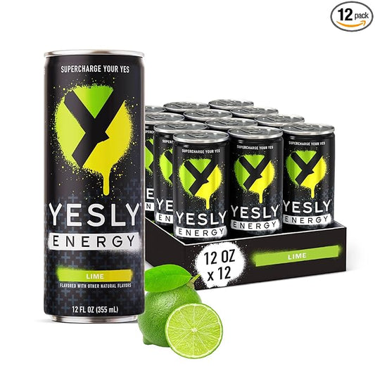 Yesly Energy Drink, Lime, Naturally Flavored Sparkling Energy Water With Electrolytes, Magnesium, Potassium, Vitamin C, B6 & B12, Natural Caffeine From Green Tea, Zero Sugar, 12 Fl Oz Cans, 12 Pack