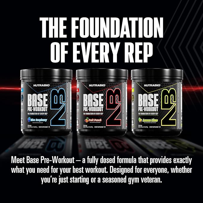 NutraBio Base Pre-Workout Powder 200mg Caffiene, Sustained Energy, Focus, Endurance, Pump, Sugar Free, Clean Preworkout for Men and Women - Beta Alanine, L-Tyrosine, 30 Servings - Fruit Punch
