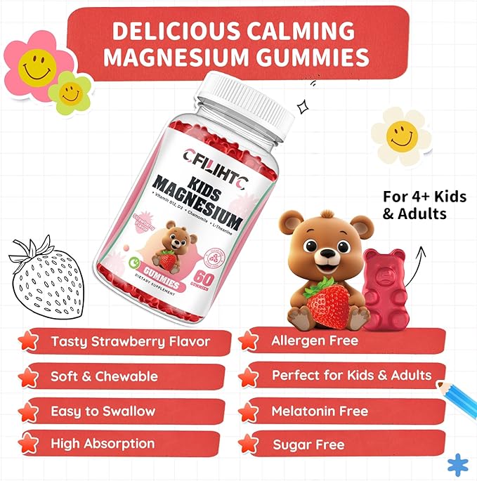 Kids Magnesium Glycinate Gummies, Magnesium for Kids & Adults with Citrate, Zinc, Vitamin D3, B12, L-Theanine Supplement for Sleep Bone & Muscle Mood, Strawberry, 60ct
