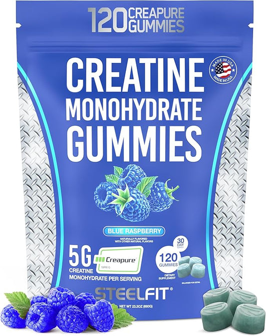 SteelFit Creapure Creatine Monohydrate Gummies for Men & Women, Blue Raspberry - Gym Workout Nutritional Supplements for Muscle Gain, Brain Health & Strength Building Dietary Supplement, 120 Gummies