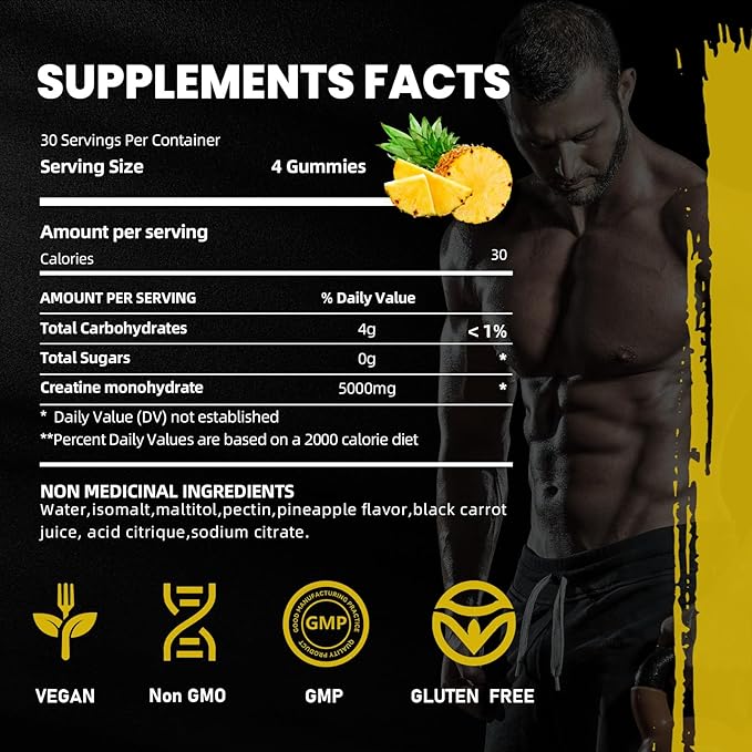 Creatine Monohydrate Gummies 5g for Men Women,Sugar Free Chewables Creatine Pre-Workout for Muscle Strength, Pineapple Flavor, 120 Count