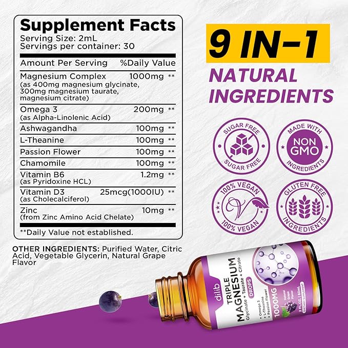 2 Pack Liquid Magnesium Glycinate Supplement, Calm Magnesium Citrate, Taurate Drops with Omega 3, Zinc, Ashwagandha, L-Theanine, Chamomile for Sleep, Mood, Stress Relief, Bone, Muscle, Grape Flavor