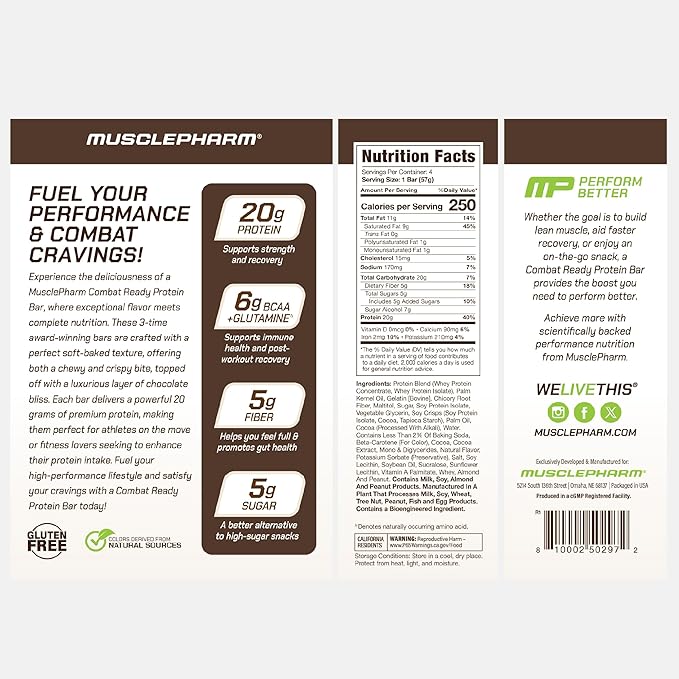 MusclePharm Combat Ready Chocolate Cake Protein Bars, High Protein Bars, Combat Cravings, Fuel Performance & Meet Energy Demands, 20g Protein from Whey Protein, 5g Fiber, Gluten Free, 4 Bars