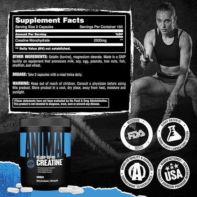 Animal Micronized Creatine Monohydrate Capsules - 300 Caps, 2500mg per Serving to Support Muscle Growth, Endurance, ATP Production, Cognitive Function, Strength, Recovery, and Delay Muscle Fatigue