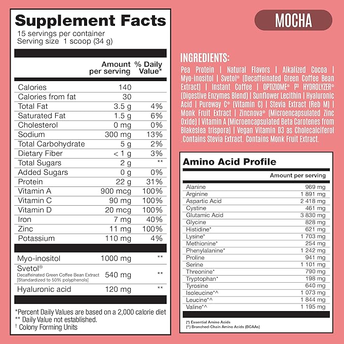 Fitmingo Vegan Protein Powder with Inositol, Collagen Boosters, Hyaluronic Acid and Vitamins | Low Carb, Dairy Free, Low Calorie | 22g Plant Based Mocha Protein Powder with Myo-Inositol
