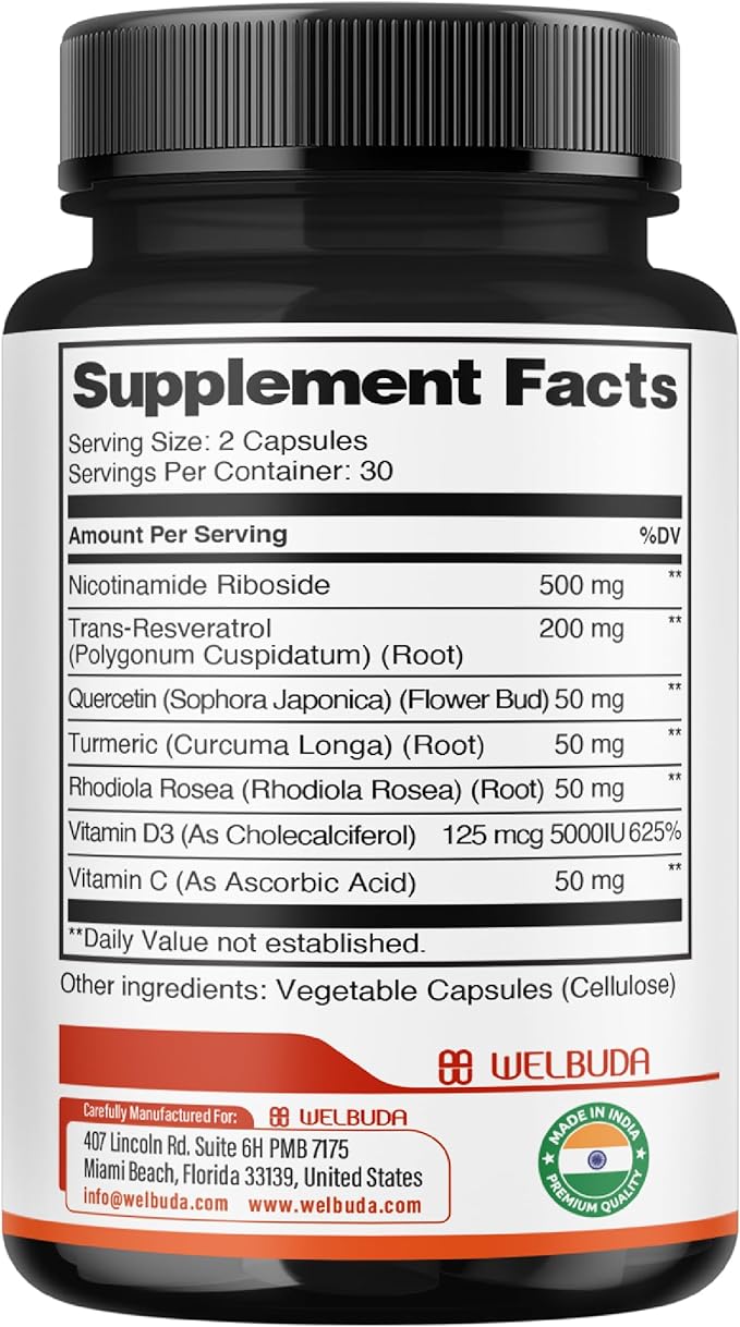 NAD+ Supplement with Nicotinamide Riboside Per Serving w/Resveratrol, Quercetin, Turmeric, Rhodiola Rosea, Vitamin D3 and Vitamin C - 60 Capsules