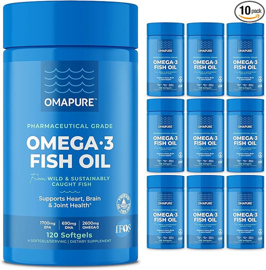 Wild Caught Omega-3 Supplements with High EPA & DHA (10 Bottles, 120 Softgels) - Burpless Formula Supports Heart & Joint Health, Promotes Brain Function