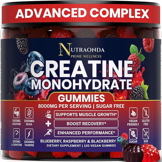 Pre-Workout Gummies – 120-Count Creatine Monohydrate Gummies for Men and Women – Pre-Workout Supplement with BCCA, L-Carnitine, Taurine for Muscle Growth, Energy, Performance – Berry Flavor