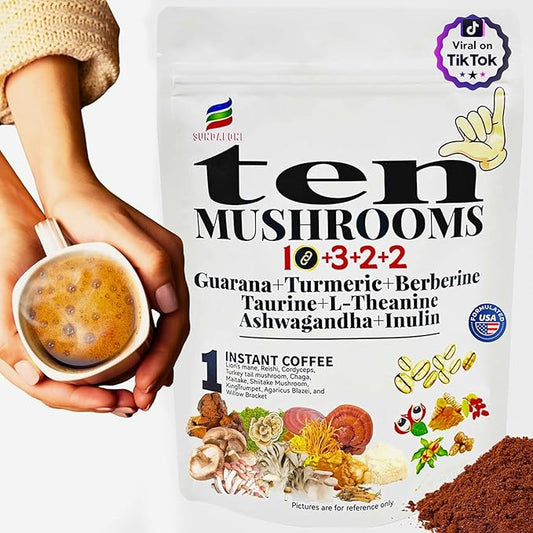 17-in-1 Mushroom Coffee with Guarana, Turmeric, Berberine, Taurine, L-Theanine, Ashwagandha & Inulin for Focus, Energy, Immunity, Stress Relief & Digestive Health-10 Mushroom Instant Coffee (60 Srvs)