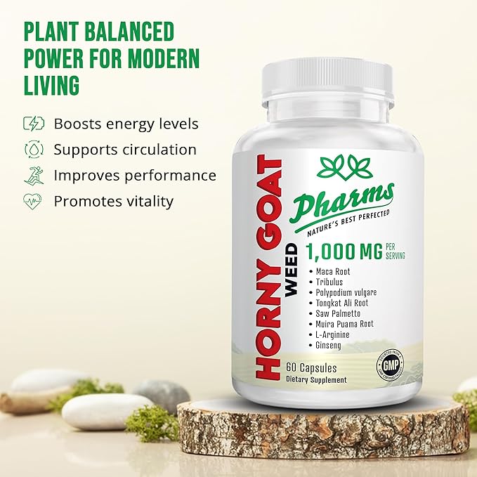 PHARMS Hornygoatweed for Men & Women (1,000 mg) - Energy & Stamina Capsules with Maca Root, Tribulus, Tongkat Ali, Saw Palmetto & Ginseng - Female & Male Performance Enhancing Supplement - 60 Capsules