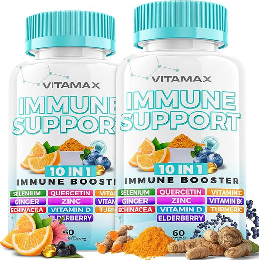 10-in-1 Immune Support with Elderberry, D3, Selenium, Quercetin, Zinc, Vitamin C, Ginger, Turmeric Curcumin, B6, Echinacea – Immune Defense – Made in USA (60 Count (Pack of 2))