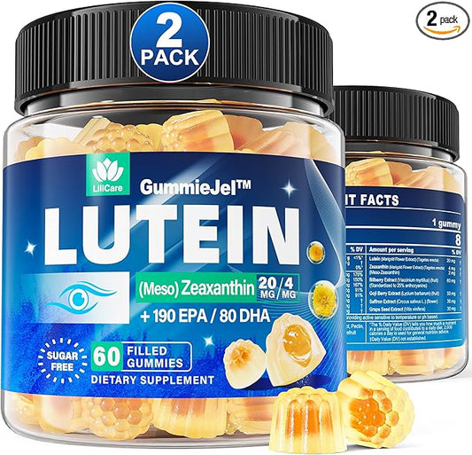 2 Pack Sugar Free Lutein 20mg 40mg and Zeaxanthin Gummies for Eyes with EPA 190mg & DHA 80mg, Eye Vitamins Filled Gummies Plus Bilberry, Goji Berry & Saffron, Eye Health Supplements for Adults - Vegan